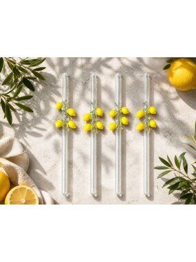 New 4 Pack Glass Summer Yellow Lemons Decorative Thick Reusable Glass Straws